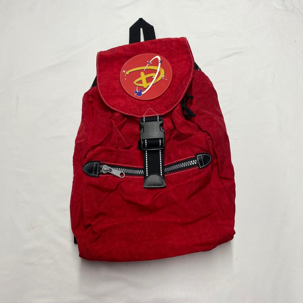 Vintage Disney Store Red Nylon Backpack Y2K Rubber Logo Patch Reflective Straps